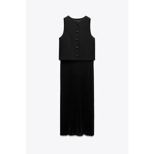 Zara | Pleated Combination Midi Dress – Black (Size M)